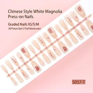 Elegant New Chinese style magnolia pattern press-on nails 30pcs set sizes XS S M