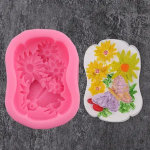 Detailed comparison of pink sunflower silicone mold and colorful plaster result