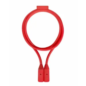 Red magnetic silicone anti-lost strap lanyard for wireless earphones, overhead view.