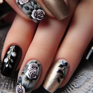 Vintage Black Gold Rose Press On Nails Coffin Shape Smudge Design Matte And Glitter Finish Detachable Fake Nails Women