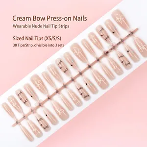 Minimalist nude press-on nail set with cream bow design 30 pieces strip version