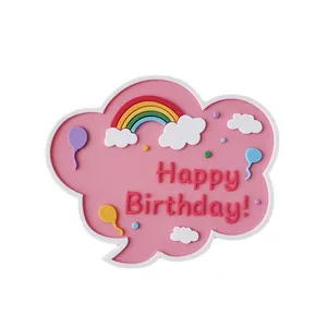Cute pink cloud rainbow cake topper with Happy Birthday text for festive birthday party decorations