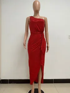 Detailed view of red one-shoulder sequined evening gown with pleats and waist sash