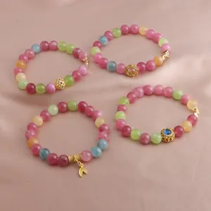 Neue Chinesische Stil Wassermelone Turmalin Kristall Armband Für Damen Gold Legierung Glücksbambus Lotus Perlen Handschmuck