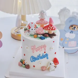Decoración de Pastel de Cumpleaños de Caucho Suave Seta 3D Conejo Happy Birthday Topper para Suministros de Fiesta de Repostería