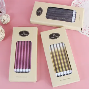 Premium long pencil birthday candles in Kraft boxes featuring gradient and glitter finishes