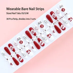 Red and white festive press-on nails set with Chinese New Year designs, 30 pieces