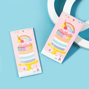 Detail view of colorful threaded spiral birthday candles in cake-themed pink packaging