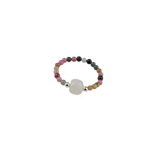 Handmade colorful natural stone beaded ring with white moonstone centerpiece