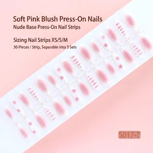 Soft pink blush gradient press-on nails with star patterns, 30pcs strip set for DIY manicure