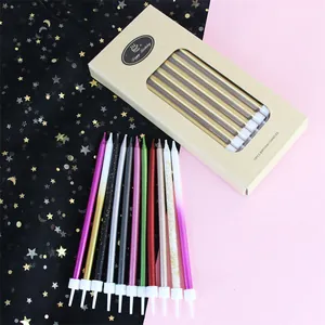 Long Thin Pencil Birthday Candles Gradient Metallic Cake Decoration Candles With Holders For Birthday Wedding Party