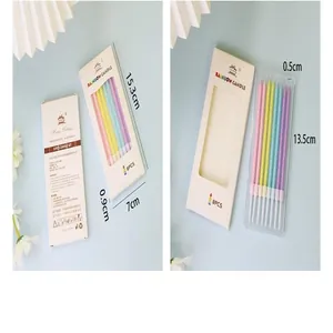 Detail of 8pcs rainbow pencil candles showing dimensions 13.5cm length and packaging.