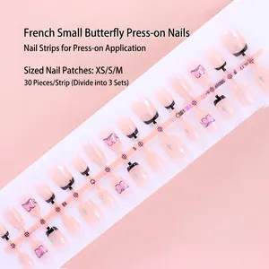 30pcs French-style press-on nails with butterfly and star motifs on a pink background.