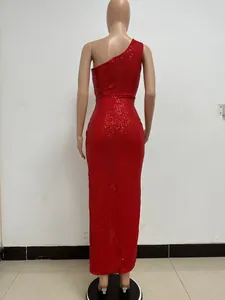 Back view detail of red one-shoulder sequin maxi dress for evening party