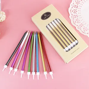 Pack of 12 elegant metallic long thin pencil birthday candles in a kraft paper gift box