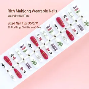 Full set of 30 pieces Mahjong themed handmade press-on nails in sizes XS, S, and M