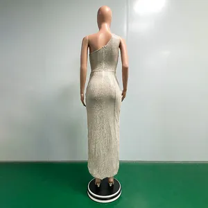Detailed back view of an elegant one-shoulder champagne sequin maxi dress for women
