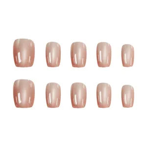 Set of 10 amber cat-eye press-on nails in short square shape with glossy finish