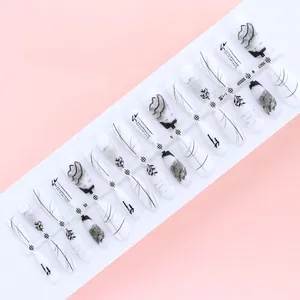 30pcs ink wash bamboo press-on nails set sized XS/S/M white black nail tips strip