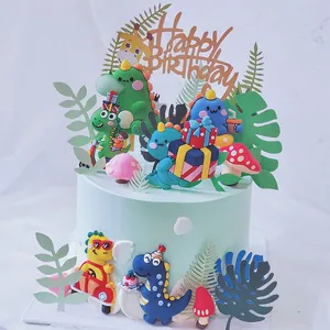Detailed view of colorful cartoon dinosaur and mushroom cake toppers for kids' birthdays