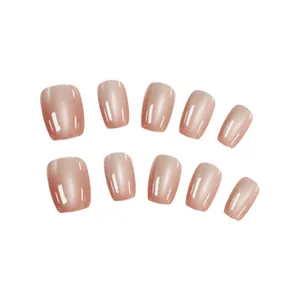 Premium glossy amber cat-eye press-on nails short length square round fake nails