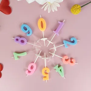 Top view of colorful number birthday candles 0-9 arranged in a circle on pink background.