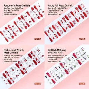 Handmade Festive Press On Nails Chinese New Year Style Mahjong Lucky Cat Floral Pattern Multi Size XS S M DIY Manicure Tool