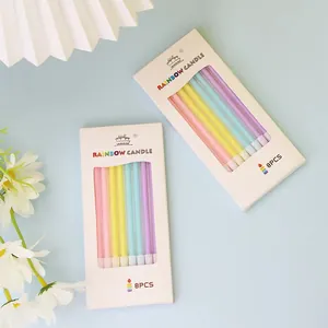 Set of 8 slim pastel rainbow pencil birthday candles in premium decorative packaging