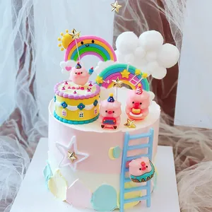 Cartoon Pig Cake Topper Set Rainbow Rabbit Heart Star Soft Rubber Cake Decorations For Kids Birthday Party Baking Supplies