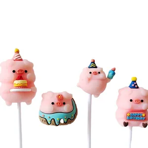 Set of 4 cute pink pig cake toppers for children's birthday bakery party decoration