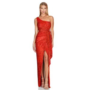 Elegant one-shoulder red sequined maxi dress with ruched waist and high slit for formal events
