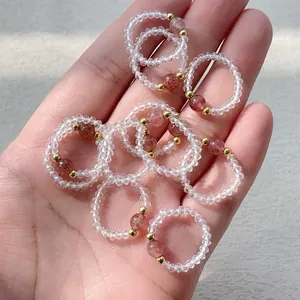 Natürlicher Erdbeerquarz Österreichischer Kristall Perlen Stretch Ring Handgefertigter Elastischer Stein Fingerschmuck Damen Rosa Klar