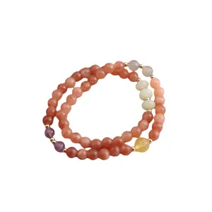 New Chinese style double-layer strawberry quartz and sunstone beaded bracelet for women