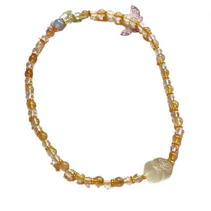Handcrafted natural citrine bracelet with moonstone and a cute carved cat charm for her