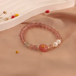 New Chinese style handmade strawberry quartz beaded bracelet with fresh pearls and moonstone