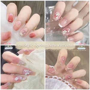 Süße Frische Blumen Schleife Strass Press On Nägel Set Rosa Verlauf Glitzer Künstliche Perle Abnehmbare Falsche Nägel Für Damen Dekor