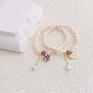 Natural Freshwater Pearl Bracelet For Women Gold Plated Alloy Rhinestone Heart Bee Butterfly Charm Bracelet Party Jewelry