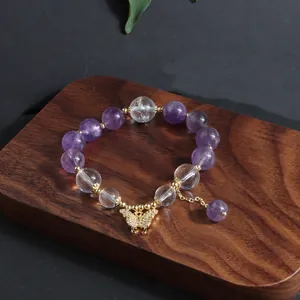 Elegantes Amethyst und Kristallperlen Armband mit goldenem Schmetterlingsanhänger