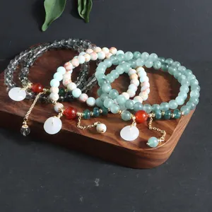 Pulsera de Cuentas de Piedra Natural Estilo Chino Vintage Pulsera de Cristal de Varios Hilos Con Colgante de Hebilla de Paz Joyería Étnica para Mujeres Hombres