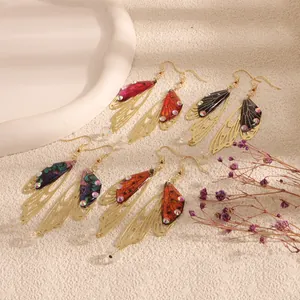 Bohemian Copper Butterfly Wing Tassel Drop Earrings For Women Elegant Resin Simulation Cicada Wing Rhinestone Dangle Earrings Wedding Jewelry