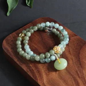 Neu Chinesischer Stil Doppelwickel Perlenarmband Grün Kristall Jadeit Sicherheits-Schnalle Anhänger Gold Hohlperle Ethno Schmuck Damen