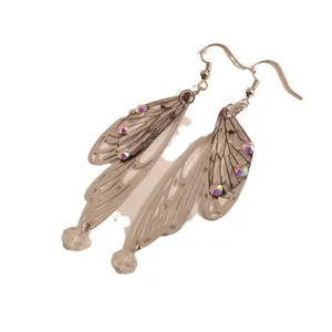 Elegant long cicada wing dangle earrings with iridescent rhinestones and faceted beads
