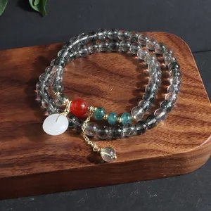 Pulsera de varias vueltas de piedra natural estilo chino con jade ping'an kou y cristal