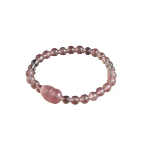 Bracelet en quartz fraise de style chinois avec une perle Pixiu sculptée main