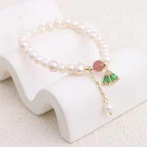Elegant natural freshwater pearl bracelet with fan-shaped green zircon pendant detail