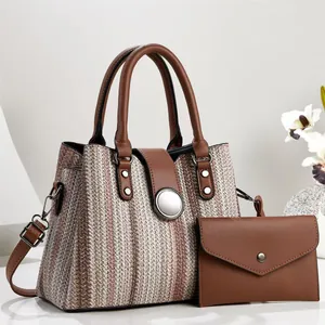 Women Fashion Woven Texture PU Leather Handbag Large Capacity Shoulder Bag Versatile Crossbody Tote Bag With Matching Pouch