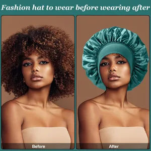 Comparison of natural curly hair and wearing a green satin sleeping bonnet for hair care.