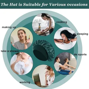 Various usage scenarios for the wide band elastic satin sleep cap hair bonnet in green.