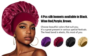 Detail of wine red satin sleep bonnet for hair care with wide elastic head band for comfort