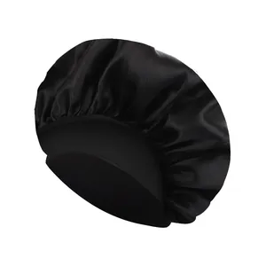 Solid black satin sleep cap with wide elastic band for hair care and beauty protection.